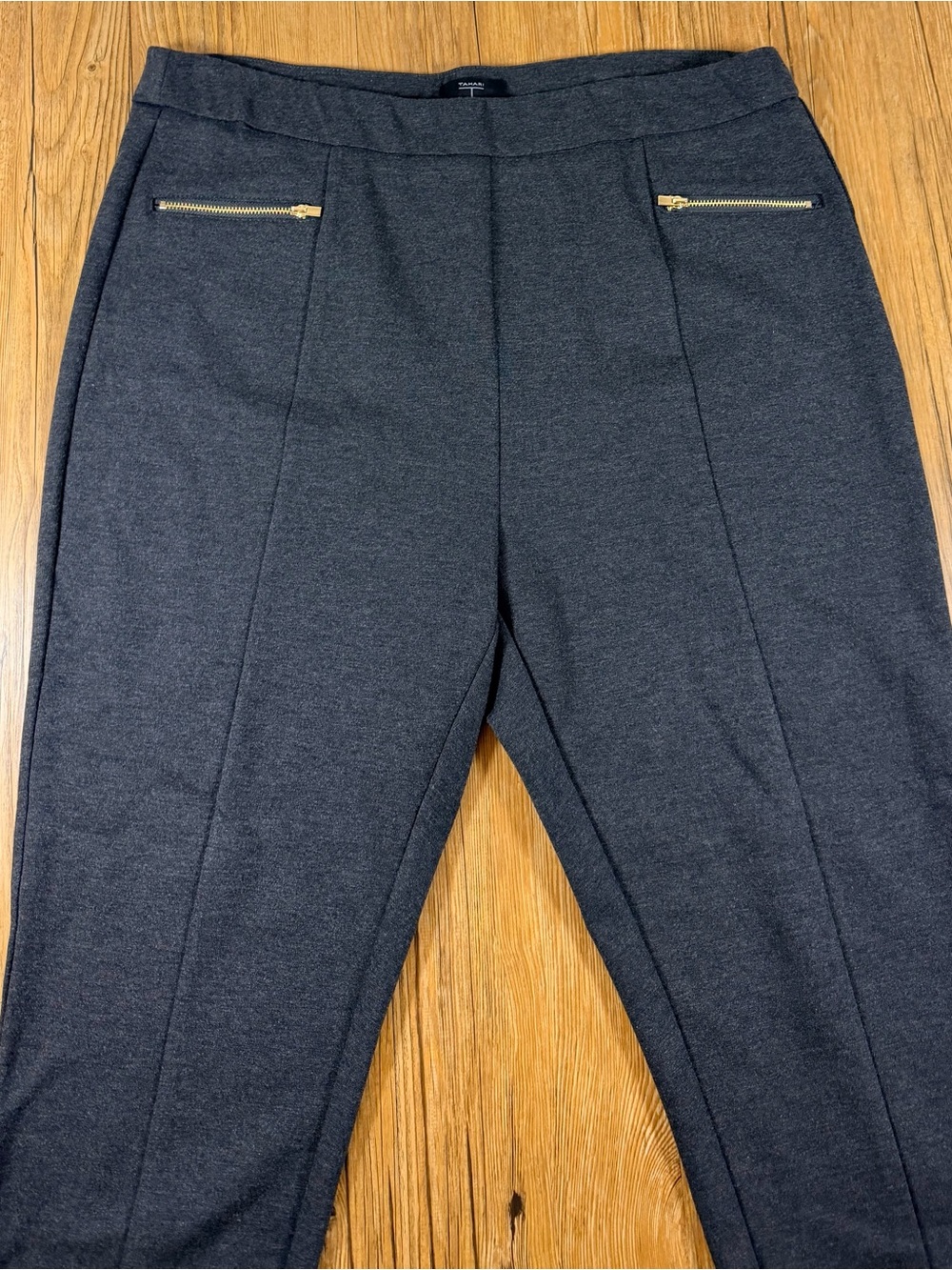 Tahari Womens XL Gray Ponte Pants Pull On Skinny Gold Zip Pockets Stretch